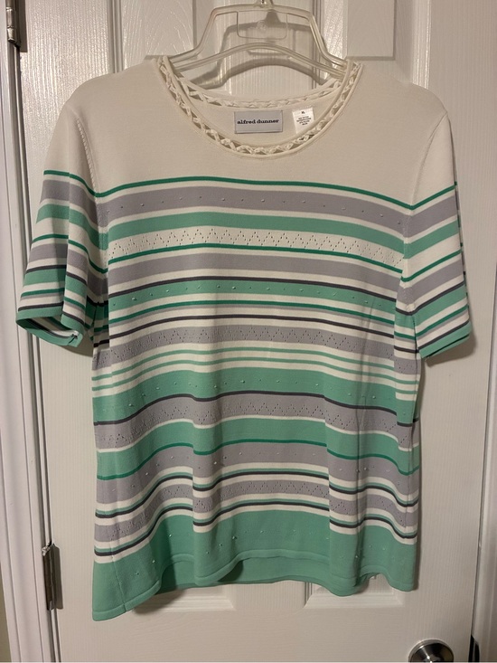 Alfred Dunner Tops - Alfred Dunner Mint, Gray & White Striped Short Sleeve Top